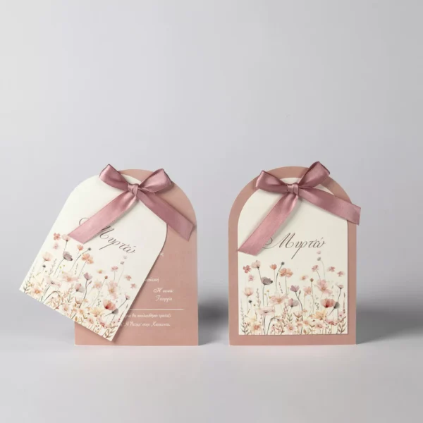 Προσκλητήριο βάπτισης με ρομαντικό ύφος και θέμα τα λουλούδια